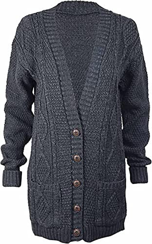 Purple Hanger Women’s New Long Sleeves Ladies Chunky Aran Cable Knit Button Grandad Cardigan Sweater Plus Size 8-26 (12-14, Dark Grey)