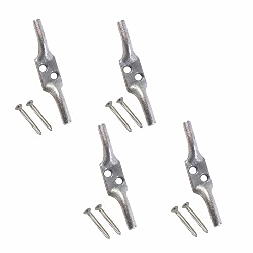 SUL Cleat Hook 100mm Heavy Duty Galvanised Rope Cord Cleat Hook, Flagpole Trailer Rope Tiebacks Roman Blind Cord Hooks for Washing Line with Screws - 4 Inch (4 PK), Silver
