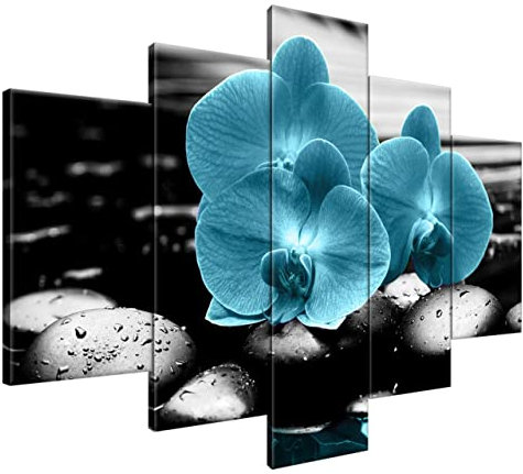 Estika Leinwand bilder - Türkis Orchideen, Schwarz weiß Hintergrund - 150x105 cm, 5 teilige kunstdruck - Wandbilder wohnzimmer, schlafzimmer, Moderne wanddeko, Bild auf leinwand - 2398A_5H