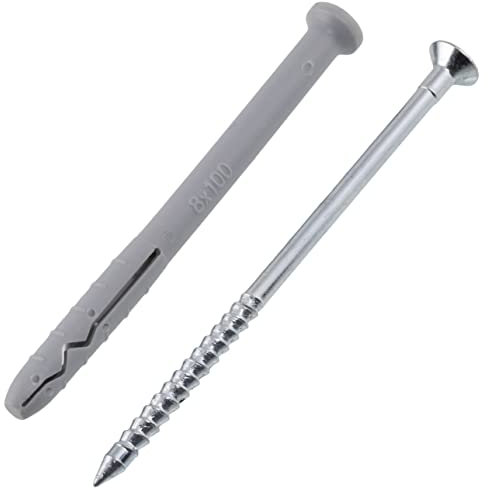AERZETIX - C65089 - Lot de 25 Chevilles à Clou/Frapper Ø8x100 mm + vis а tête fraisée Ø5×105 mm avec collerette - en Nylon et métal - Fixation en béton Brique Outil matériaux Plein travaux perçage