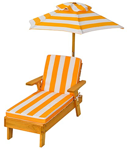 KOMFOTTEU Tumbona Infantil con Sombrilla, Silla Reclinable de Madera Maciza con Cojín para Niños, Sillón de Jardín para Baño de Sol con Carga 50 kg, Mueble de Playa, Balcón, Piscina, 92 x 49 x 106 cm