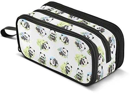 ZAZYXTJ Niedliches Panda-Federmäppchen mit großem Fassungsvermögen, 3 Fächer, Stifteetui, Aufbewahrung, Leinwand, Make-up-Tasche für Schule, Büro, Teenager, Mädchen, Jungen, Männer, Frauen