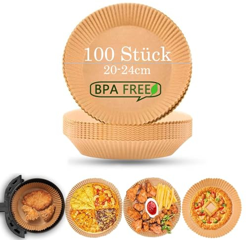 Carta Forno per Airfryer, 100 Pezzi 20-24cm Carta da Forno per Friggitrice ad Aria, Impermeabile e Resistente all'Olio, Carta Forno Antiaderente Monouso Orbicolare per Friggitrice Aria, Forno e Grill