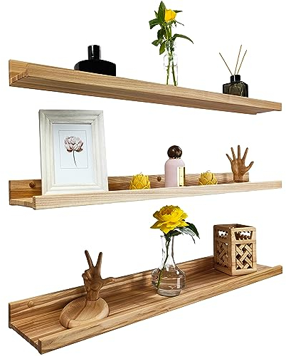 Wood Wedge 3er-Set Schwebende Wandregal, Rustikale Holzregale mit Lippe, Kinderbücherregale, Bild & Fotoregal für Schlafzimmer, Wohnzimmer, Badezimmer, Küche, Büro (natürlich 90cm)
