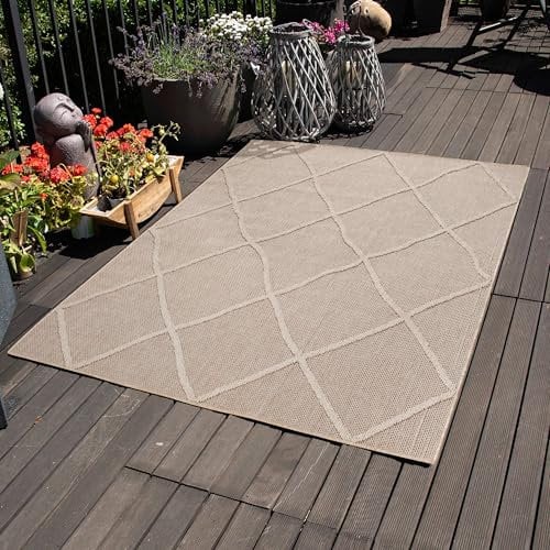 Carpettex Outdoor Teppich Wetterfest 240 x 340 cm Sisaloptik Beige - Ideal für Balkon, Garten, Terrasse, Camping und als Küchenteppich - Waschbarer Teppich, Boho Design, Flachgewebe