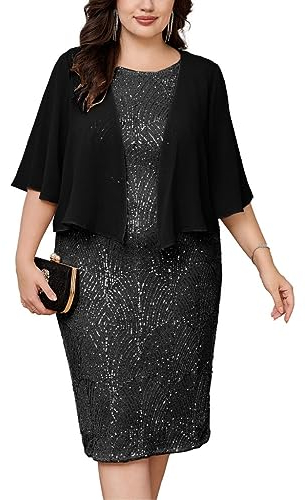 Hanna Nikole Damen Große Größen Pailletten Abendkleid Glitzer Ärmelloses Zwei Stück Kleid Für Mollige Frauen Schwarz 50