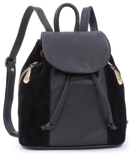 Catwalk Collection Handbags - Damen Rucksackhandtasche Klein - Rucksack Elegant - Leder und Wildleder - Mit Verstellbare Gurte - Pixie - Schwarz