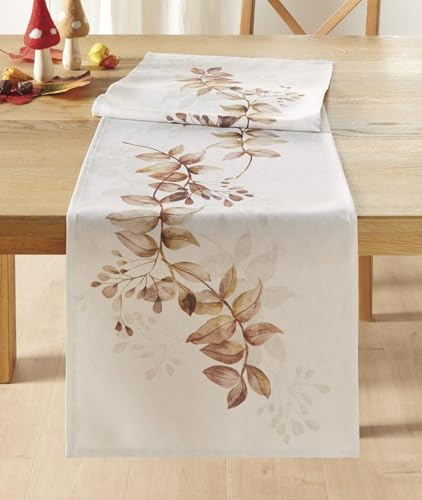 Dekoleidenschaft Tischläufer Herbstblätter Creme-weiß, Blätter-Motiv in Braun, 40x140 cm, Mitteldecke, Tischband
