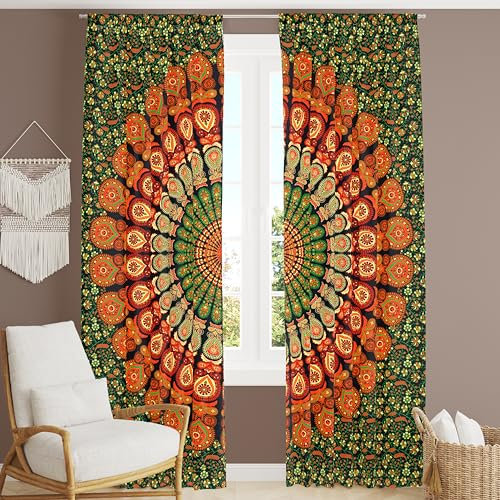 Bless International Schöner indischer psychedelischer Hippie-Baum des Lebens, Gardinen Fenstervorhang, Paneele für Schlafzimmer, Wohnzimmer, Balkon, 63,5 x 188 cm, Goldgrün
