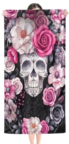 KnorRs Totenkopf Blumen Muster Strandtücher,Skull Strandtuch XXL,Schädel Handtuch,Sandfreie Schnell Trocknende Stranddecke Groß 100x200 (Y2,100x200cm), ST002