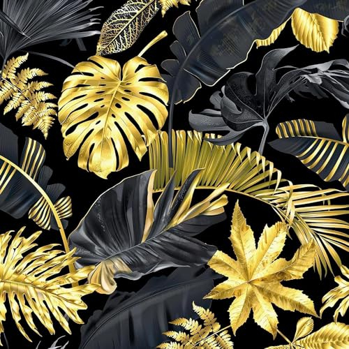 FunStick 44.5CM×9M Carta da Parati Camera da Letto Salotto Foglie Tropicali Nero Oro Carta da Parati Adesiva Mobili Cucina Armadio Moderna Pellicola Adesiva per Mobili Nero Fantasia Scaffali Cassetti