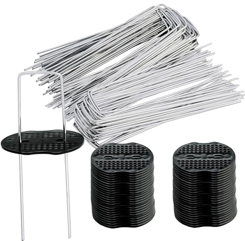 HEYOUTH Grapas Césped Artificial Set,Piquetas Malla Antihierbas,Grapas Malla Antihierbas,para Jardín 50 Grapas de sujeción de Acero+50Arandelas,para Malla Antihierbas,Valla,150x40 mm-Ø 2,5 mm