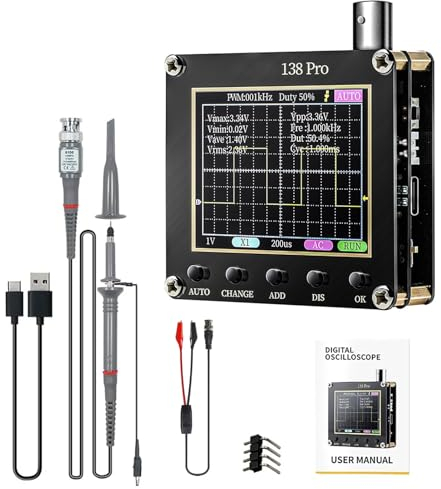 Jadeshay Osciloscopio,Osciloscopio Digital 3 en 1 Kit de Osciloscopio Portátil 138Pro Generador de Señal de Ancho de Banda de 200 KHz y Frecuencia de Muestreo de 2,5 MS/s con Pantalla Color HD 2,4''