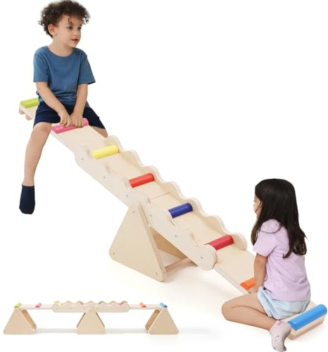 2 in 1 Schwebebalken aus Holz für Kinder, Holz Wippe für Kinder Schaukelwippe, Balance Board für Drinnen und Draußen