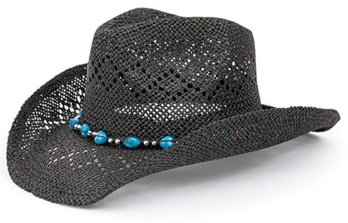 Cowboy Hat for Men Women, Woven Straw Western Cowgirl Cowboy Hat with Beaded Trim and Shapeable Brim for Party Beach (Straw, Black)