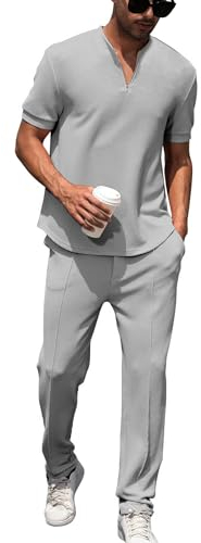 DONYKARRY 2-Teilige Herren Jogging Anzug Trainingsanzug Sportanzug Aus Baumwolle Fitnessraum Kurzarm Oben+ Hose Tracksuit Atmungsaktiv Hausanzug Set(Grau,M)