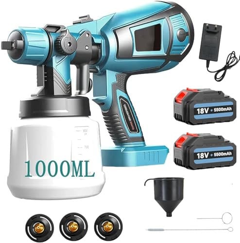 Pistola a Spruzzo, Compatibile con Makita,18V Spruzzatori di Vernice con 2 Ugelli in Rame e Filtro,Capacità 1000ml, con Batteria 2x5500mah e Caricabatterie, Per Verniciatura Di Pareti, Soffitti
