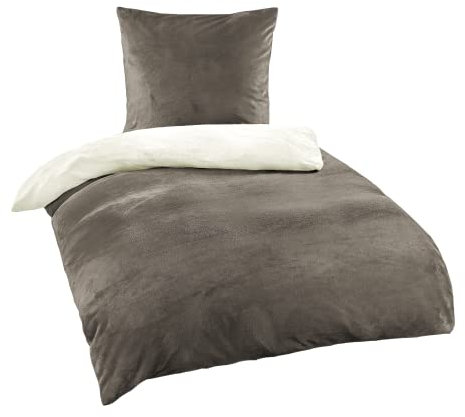 BaSaTex Cashmere Touch Plüsch Winter Bettwäsche Set | warme Nicky Teddy Flausch Qualitäts-Bettwäsche | 135x200 Deckenbezug + 80x80 cm Kissenbezug | Farbe: Wollweiss Taupe