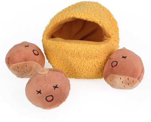 CHEWFFON interaktives Versteckspiel-Tunnelspielzeug, 4-teiliges Set | Kastanien-Design, quietschendes & knisterndes Plüschspielzeug, Puzzle-Schnüffelspiel für kleine, mittelgroße & große Hunde