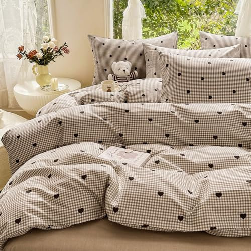 Nyescasa Housse de Couette 240x260 à Carreaux Motif Coeur Marron Chocolat Moderne Parure de lit Adulte 2 Personnes en Microfibre Housses de Couettes avec Fermeture Éclair et 2 Taies d'oreiller 65x65cm