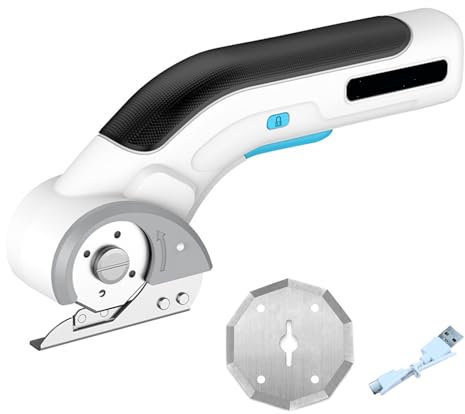 Kabellose Elektrische Schere, Akku Kartonschneider mit Selbstschärfender Klinge, Stoffschneider Rollschneider mit Sicherheitssperre für Papier, Pappe, Teppich, Leder, Filz, Kunststoff