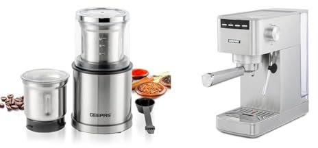 GEEPAS 1450W Espresso & Cappuccino Coffee Machine & 200W Coffee Grinder Combo Set | Milk Frother, 1.4L Water Tank | Electric Wet & Dry Food Processor Mill for Spice Nuts Chutney, 75g Detachable Bowl