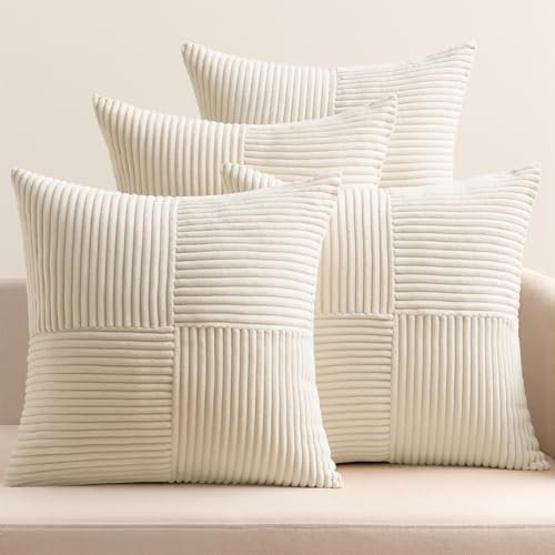 EMEMA Kissenbezug Kordsamt 4er Set Patchwork Kissenhülle 40x40 cm Zierkissenbezug Dekokissen Sofakissen Kord Dekorative Kissen für Sofa Sessel Zuhause Schlafzimmer Beige