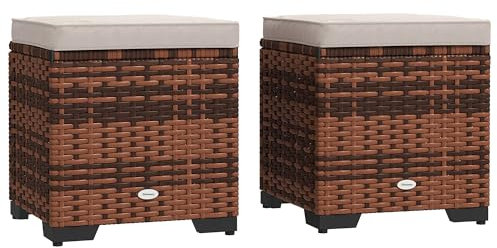 Outsunny Set of 2 Rattan Storage Ottoman, Outdoor Footstool with Removable Cushions, Garden Storage Seat for Balcony, Porch, Living Room, Beige