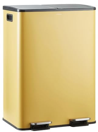 CASABEL Poubelle Tri Selectif 60L – Poubelle 2x30L avec Pédale, Acier INOX OCHRE antitraces, Double Compartiments, Poubelle 2x30L Cuisine,avec Bacs Amovibles, Poignées, Couvercles Silencieux