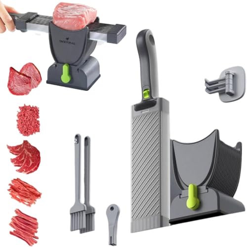 Manual Meat Slicer, Stainless Steel Cutter Set with Sharpener, 2 Brushes, Adjustable Thickness 2-4 mm, Dishwasher Safe for Fresh Meat, Beef, Pork, Mutton
