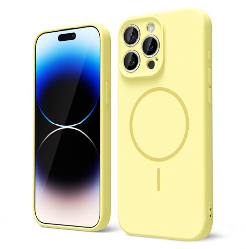 oakxco for iPhone 14 Pro Case Silicone Mag Safe, Magnetic Slim Thin Phone Case Compatible with Magsafe, Women Girls Cute Girly Aesthetic Soft Rubber Gel Safecase with Camera Cover, Yellow