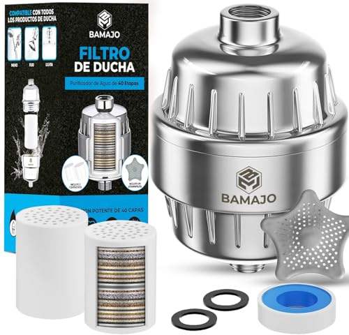 BAMAJO© Filtro Ducha 40 Etapas - Set 2 Cartuchos - Purificador de Agua Antical - Protege Piel y Cabello Con Vitamina C-Elimina Los Metales Pesados-Reduce la Picazón en la Piel Seca (40 Etapas)