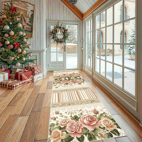 Dppyuxa Läufer Teppich Vintage Rose Küche & Flur, Rutschfester | und Waschbarer Küchenläufer Shabby Chic Streifenmuster Dekoration Flurteppich Lang Romantisch Geblümt Küchenteppich 60x240 cm