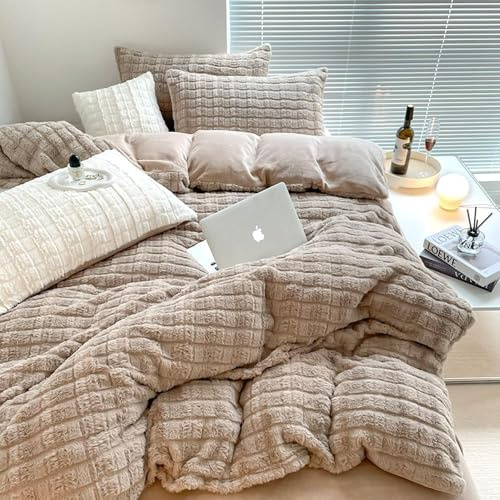 Covebett Warme Bettwäsche 200x200 Khaki Winter Flauschig Plüsch Cashmere Touch Bettbezug Uni Kariert Coral Fleece Flanell Wendebettwäsche Set 3 Teilig mit Reißverschluss and 2 Kissenbezüge 80x80 cm