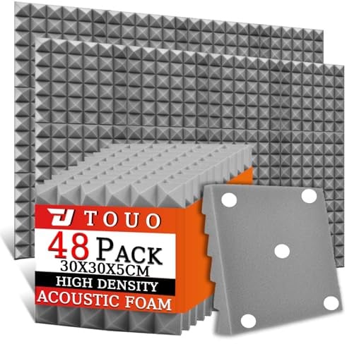 TOUO Akustikschaumstoffplatten, 30 x 30 x 5 cm, schalldichte Pyramiden-Schallschutzplatten für Wände, hochdichte, feuerbeständige Schallschutz-Schaumstoffe für Studio-Wände und Decken, 48 Stück (grau)