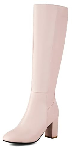 Wtharosa Bottes Femmes Genou Cuir Talon Bloc Fermeture Eclair Fete Vacances Elegant Chic Hiver Celebrations,Rose,34 EU