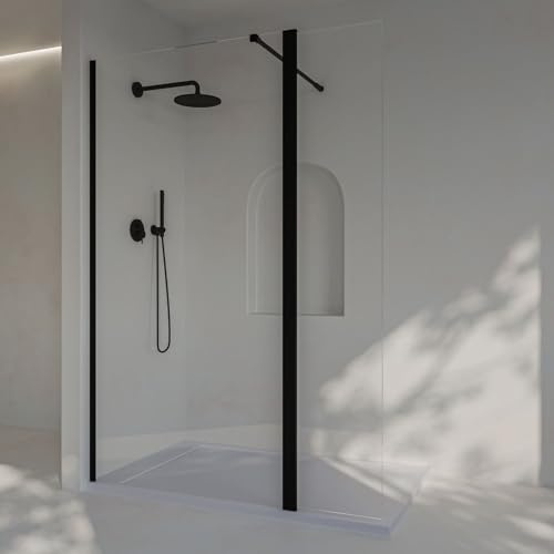 SoulHome Mampara ducha Fija + Abatible Negro 150 cm | Panel Fijo + Abatible, Vidrio transparente de seguridad 8 mm, tratamiento antical, Ancho 150cm (110cm fijo + 40cm abatible)