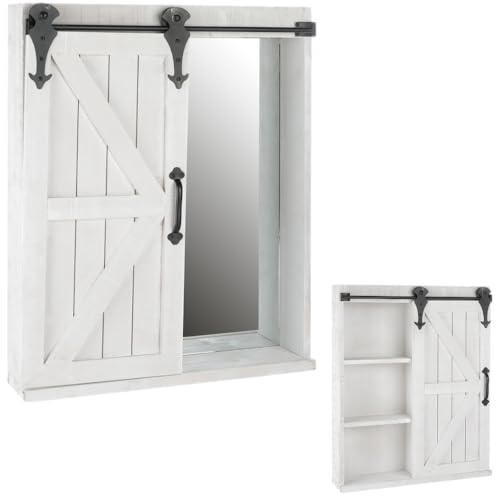 Mucola Wandschrank Regal Hängeschrank Schiebetür Spiegel 56x13x71 cm Weiß | Badschrank Scheunentor-Design, 3 Ablagefächer, feuchtigkeitsbeständig lackiert, Bad, Flur, mit Montagematerial, Innenbereich