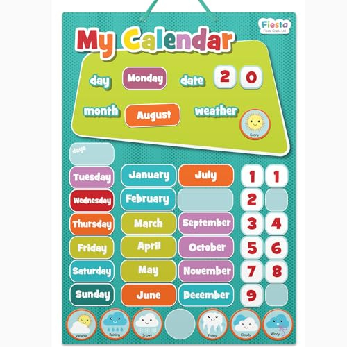 Magnetic Calendar for Kids (T2399) by Fiesta Crafts - Educational Chart of Days of the Week Chart with Moveable Numbers, Months, & Weather Pieces - Interactive Learning Board for Children