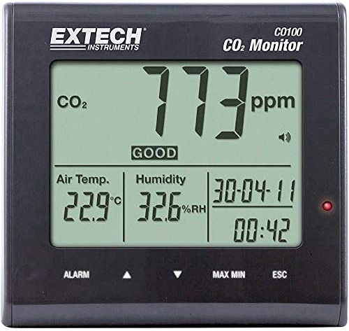 Extech CO100 Desktop Air Quality Carbon Dioxide CO2 Monitor | CO2 0-9999 ppm, NDIR sensor, temp and humidity, high/low alarms, IAQ good/normal/poor, AC adapter