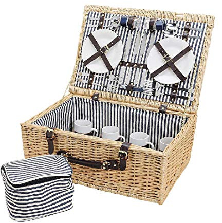 Picknickkorb, beige blau weiß | Picknick Set für 4 Personen | 25 Teile, 54x37x21cm, 4,6kg