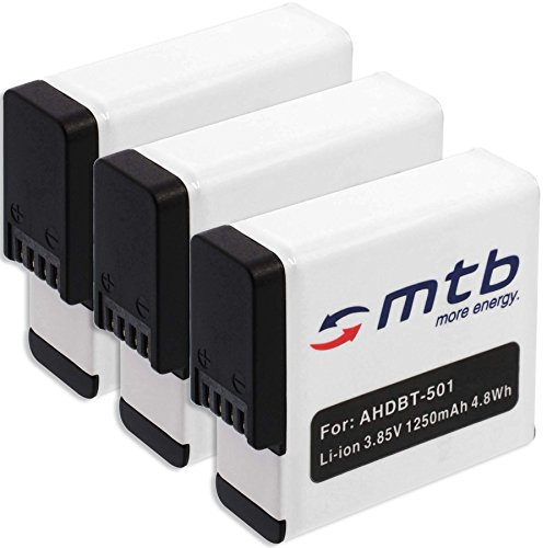 3X Akkus für GoPro Hero 5, Hero5, Hero 6, Hero6 [Li-Ion - 1250 mAh - mit Infochip für alle Firmwares (2.51+)]