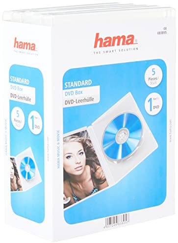 Hama Boîtier standard (pour DVD, convient également aux CD et aux Blu-ray, avec film pour l'insertion de la jaquette, lot de 5) Transparent