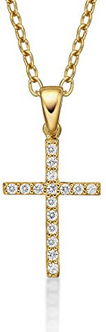 Diamond Treats 9 Karat Gold Kreuz Anhänger mit kubischen Zirkonia und Kette, zierliche 9K Gelbgold Kreuz-Anhänger Halskette für Damen und Mädchen, Kreuz Kette mit 50 cm Goldkette, 375 Echt Gold Kreuz