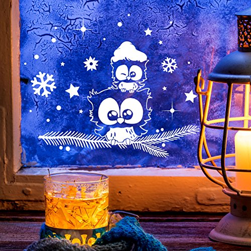 Fensterbild Eule Eulchen auf Zweig L 40x28cm Fensterdeko Fensterbilder Winter + Sterne & Schneeflocken selbstklebend für Kinder M2260 ilka parey wandtattoo-welt®