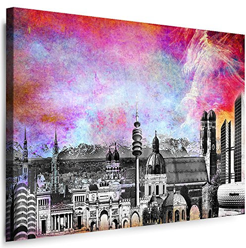 München Wandbild - 120 x 80 cm Querformat Bild - Leinwand mit Rahmen (Leinwandbild) Städte Kunstdrucke Skyline, Turm, Brücke Wanddeko St-01-34