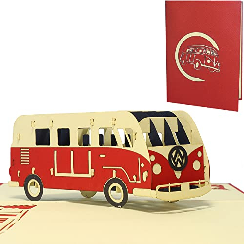 LINPOPUP® Pop-Up Karte Bus, Reisen wie früher – Bulli-Grüße in 3D, zum Geburtstag eine Fahrt ins Glück, als Geburtstagskarte, 3D Grußkarte mit Auto, als Gutschein- Urlaub, N334
