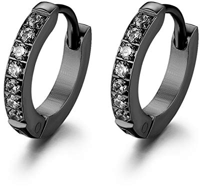 JewelryWe Schmuck Creolen Edelstahl Zirkonia Kreolen Klappcreolen Huggie Ohrringe für Damen Herren 13MM, Schwarz