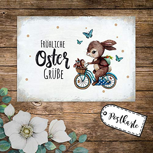 ilka parey wandtattoo-welt A6 Grußkarte Postkarte Osterkarte Print Hase auf Fahrrad mit Hasenkinder & Spruch Fröhliche Ostergrüße Punkte pk240 - ausgewählte Menge: *5 Stück (desselben Motives)*