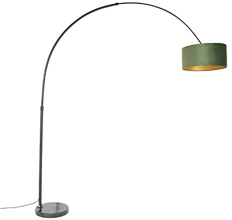 QAZQA - Modern Bogenleuchte I Bogenlampe I Lampe I Leuchte Schwarz Samtlampenschirm Grün mit Gold I Messing 50 cm - XXL I Wohnzimmer I Schlafzimmer - Stahl Länglich I Zylinder I Rund - LED geeignet E2